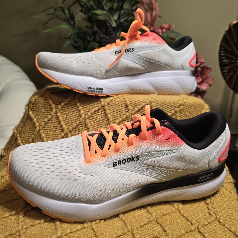 Brooks Running Sneakers, Men's size 12.5 D (medium),  Eggshell, Orange, & Black